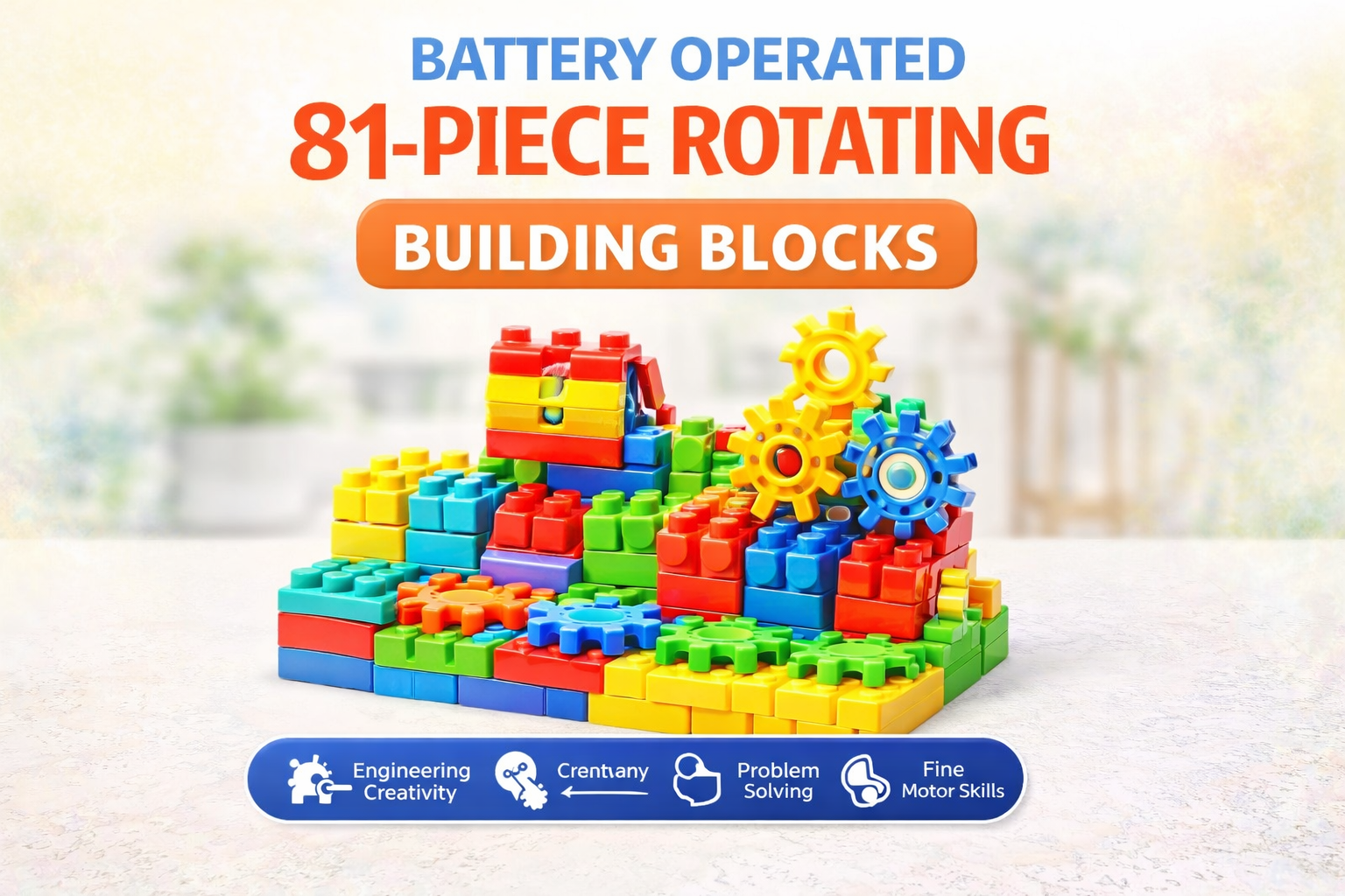 Battery Operated 81pcs Rotating Building Blocks with Gears for STEM Learning