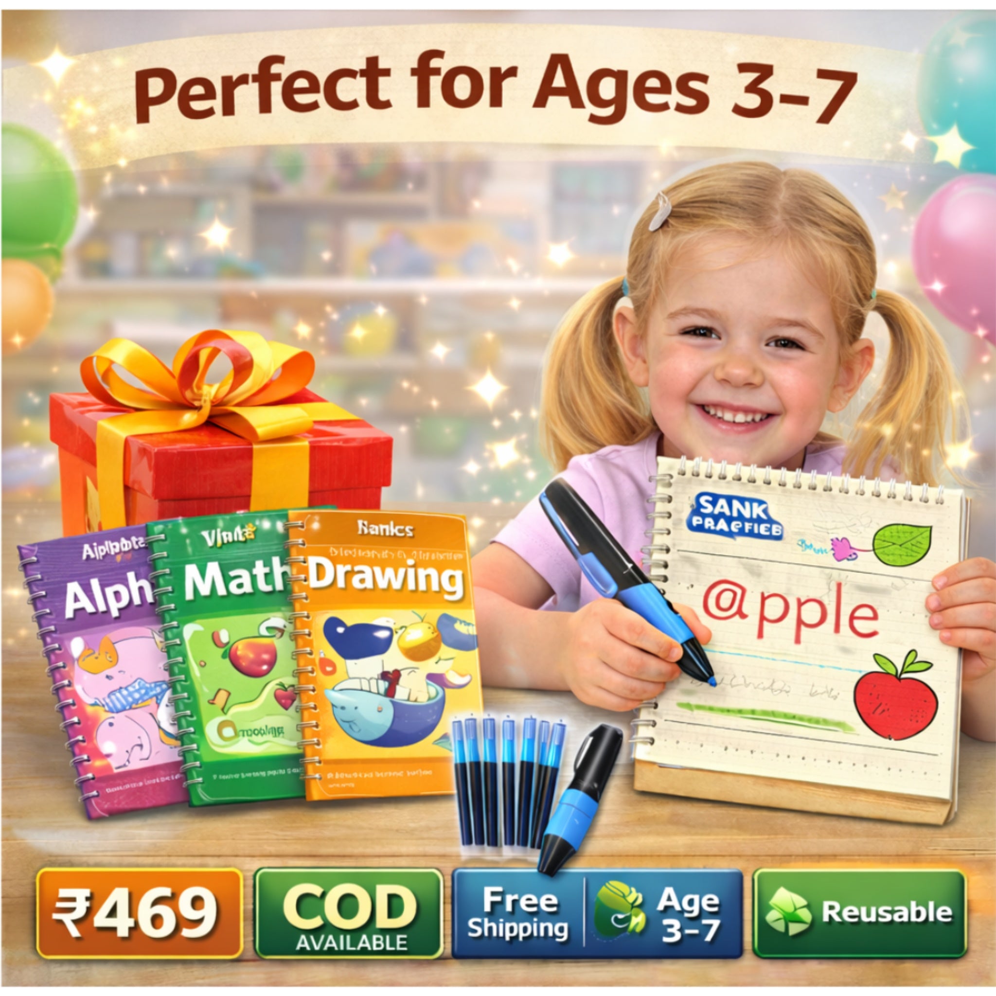 Magic Practice Copybook Set – 4 Reusable Books + Magic Pen, Grip & 10 Refills for Kids