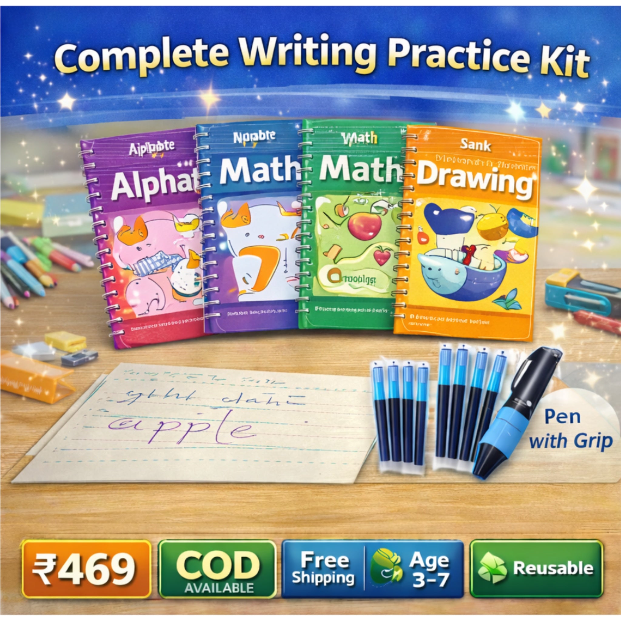 Magic Practice Copybook Set – 4 Reusable Books + Magic Pen, Grip & 10 Refills for Kids