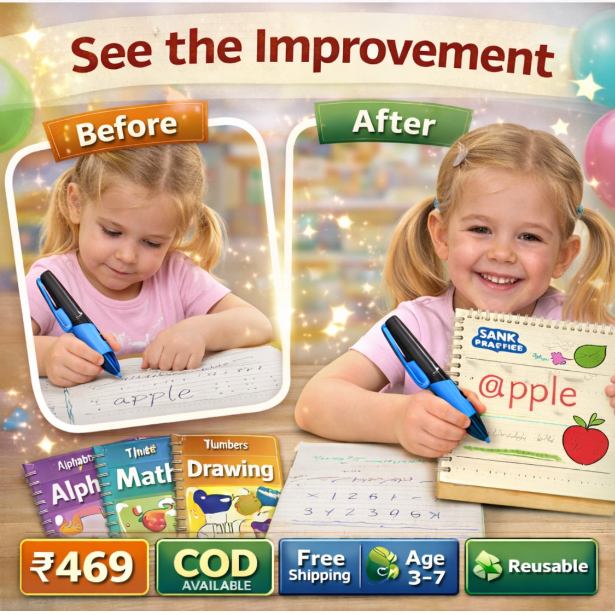 Magic Practice Copybook Set – 4 Reusable Books + Magic Pen, Grip & 10 Refills for Kids