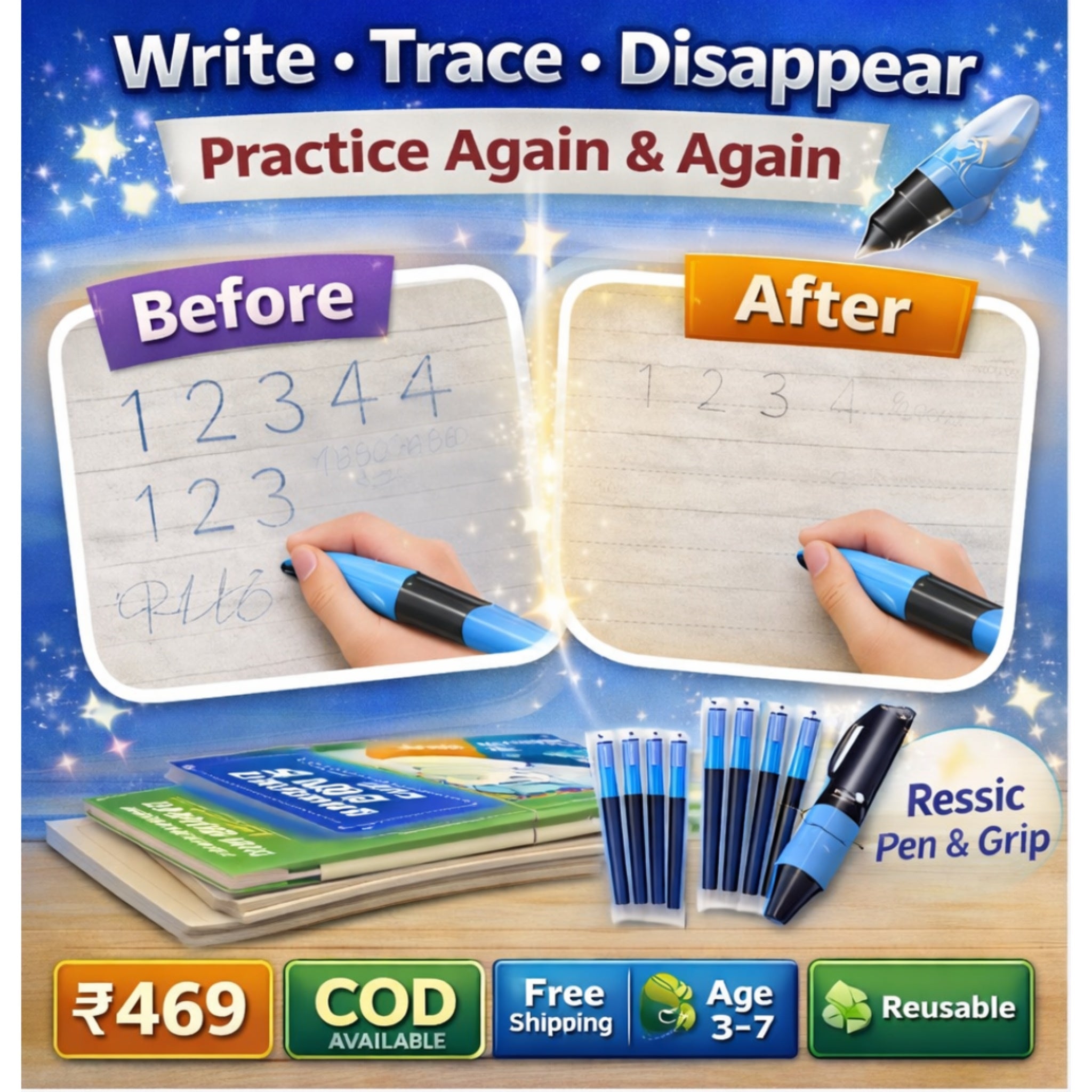 Magic Practice Copybook Set – 4 Reusable Books + Magic Pen, Grip & 10 Refills for Kids